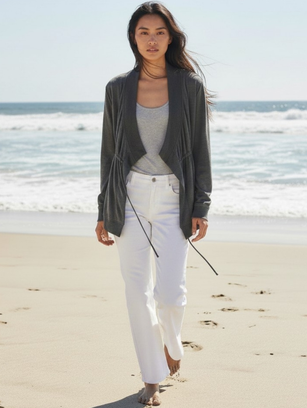 Allsaints Gina Drape Soft Jersey Drawstring Sweatshirt Jacket Grey Women Size 8